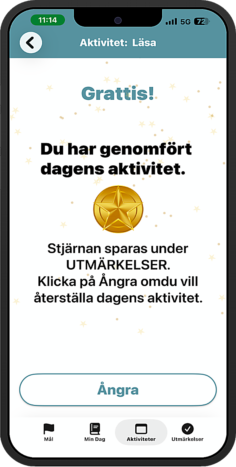 AddYou-appen visar Grattis, du har genomfört dagens aktivitet